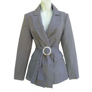 NEW C/Meo Collective Seersucker Gingham Blazer Double Breasted Belted Lined S